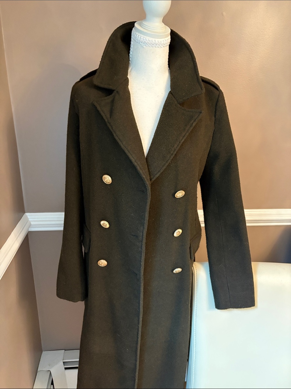 Classic Double-Breasted Women’s Long Coat in Dark Olive